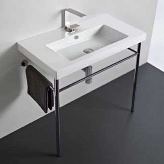 Bathroom Sink Rectangular Ceramic Console Sink and Polished Chrome Stand Tecla CAN02011-CON