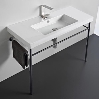 Console Bathroom Sink Rectangular Ceramic Console Sink and Polished Chrome Stand Tecla CAN03011-CON