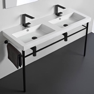 Bathroom Sink Double Ceramic Console Sink and Matte Black Stand Tecla CAN04011-CON-BLK