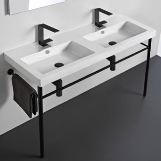 Console Bathroom Sink Double Ceramic Console Sink and Matte Black Stand, 48