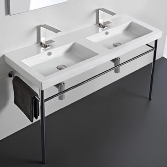 Bathroom Sink Double Basin Ceramic Console Sink and Polished Chrome Stand Tecla CAN04011-CON