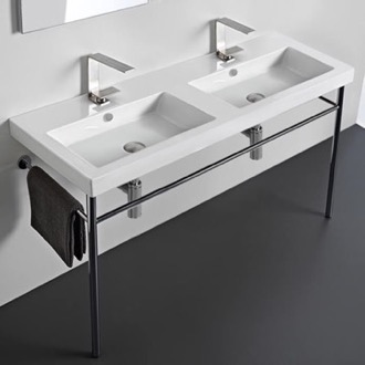 Console Bathroom Sink Double Basin Ceramic Console Sink and Polished Chrome Stand, 48