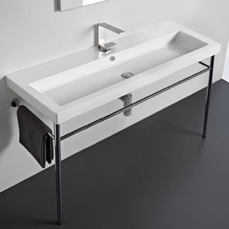 Bathroom Sink Large Rectangular Ceramic Console Sink and Polished Chrome Stand Tecla CAN05011A-CON