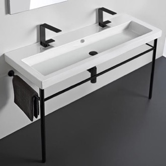 Console Bathroom Sink Double Ceramic Console Sink and Matte Black Stand, 48