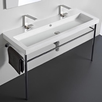 Console Bathroom Sink Large Double Ceramic Console Sink and Polished Chrome Stand Tecla CAN05011B-CON