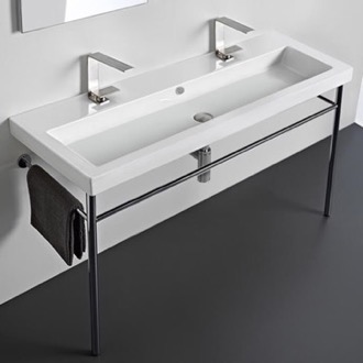 Console Bathroom Sink Large Double Ceramic Console Sink and Polished Chrome Stand, 48