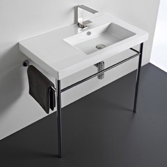 Bathroom Sink Rectangular Ceramic Console Sink and Polished Chrome Stand Tecla CO01011-CON