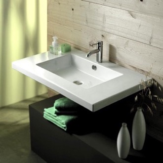 Bathroom Sink Rectangular White Ceramic Wall Mounted or Drop In Sink Tecla MAR02011