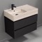 Black Bathroom Vanity With Beige Travertine Design Sink, Modern, Wall Mounted, 32