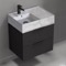 Black Bathroom Vanity With Marble Design Sink, Modern, Wall Mounted, 24