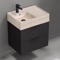 Black Bathroom Vanity With Beige Travertine Design Sink, Modern, Wall Mounted, 24