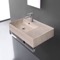 Beige Travertine Design Ceramic Wall Mounted Sink With Counter Space, Towel Bar Included