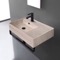 Beige Travertine Design Ceramic Wall Mounted Sink With Black Towel Bar
