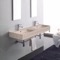 Beige Travertine Design Ceramic Wall Mounted Double Sink With Polished Chrome Towel Holder