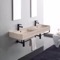 Beige Travertine Design Ceramic Wall Mounted Double Sink With Black Towel Bar