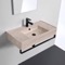 Beige Travertine Design Ceramic Wall Mounted Sink With Black Towel Bar