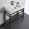 Modern Ceramic Console Sink With Counter Space and Matte Black Base, 32