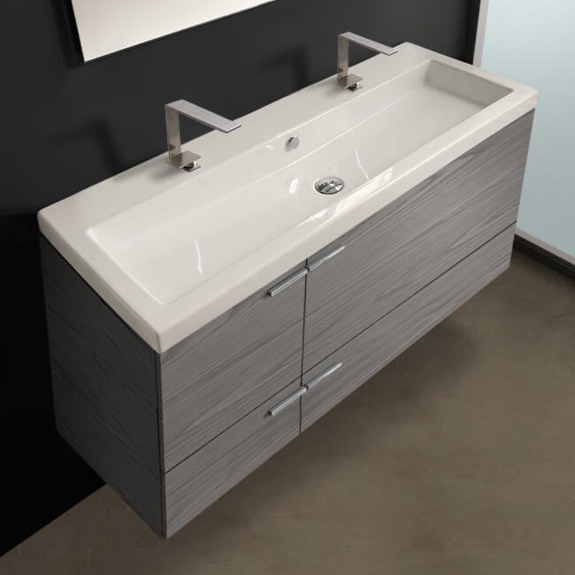 Bathroom Vanity, ACF ANS39-Grey Walnut, Trough Modern Wall Mounted Bathroom Vanity, Double Sink, 47