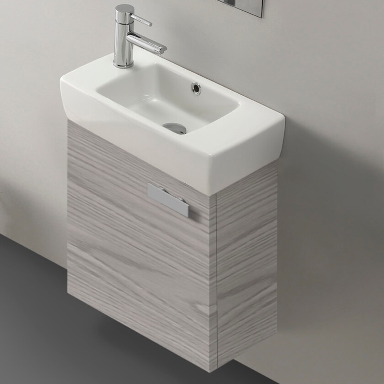 Bathroom Vanity, ACF C13-Grey Walnut, Small Wall Mount Bathroom Vanity, Modern, 18