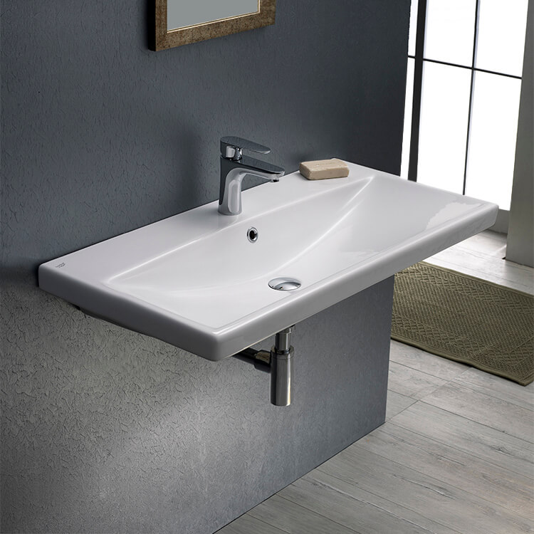 Bathroom Sink, CeraStyle 032100-U, Rectangular White Ceramic Wall Mounted or Drop In Sink