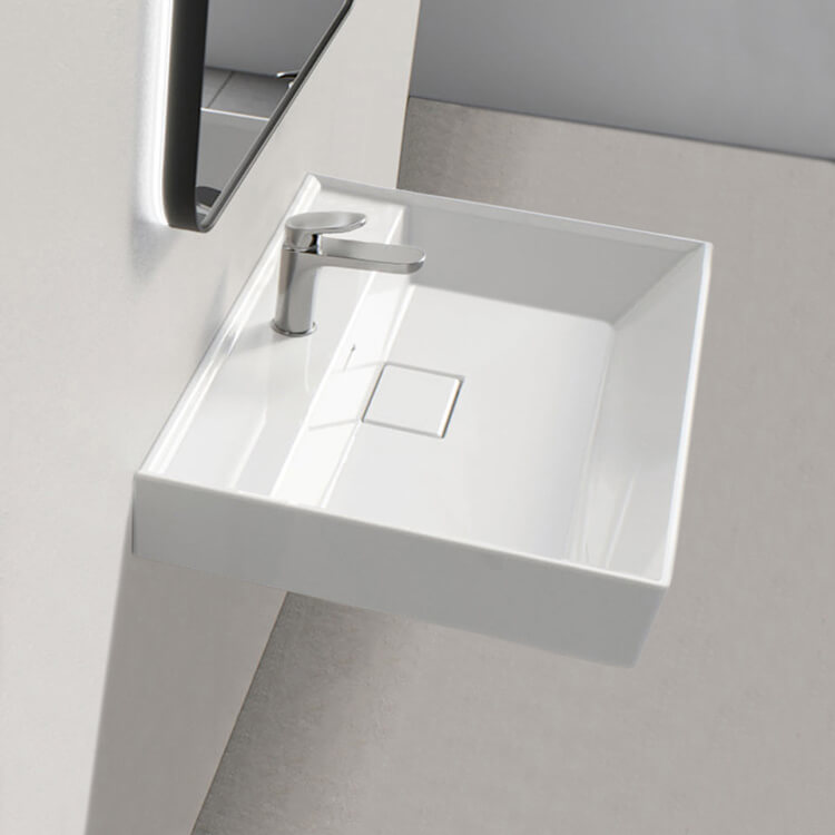 Bathroom Sink, CeraStyle 037000-U, Square White Ceramic Wall Mounted or Drop In Sink
