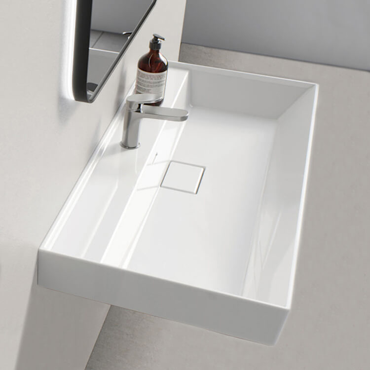 Bathroom Sink, CeraStyle 037300-U, Rectangular White Ceramic Wall Mounted or Drop In Sink