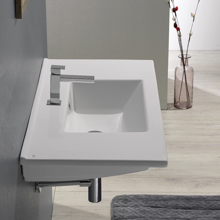Bathroom Sink, CeraStyle 067500-U-One Hole, Rectangular White Ceramic Wall Mount or Drop In Bathroom Sink