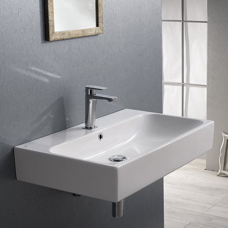 Bathroom Sink, CeraStyle 080000-U, Rectangular White Ceramic Wall Mounted or Vessel Bathroom Sink