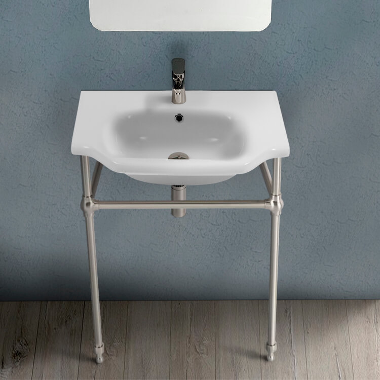 Console Bathroom Sink, CeraStyle 081000-CON-SN, Traditional Ceramic Console Sink With Satin Nickel Stand