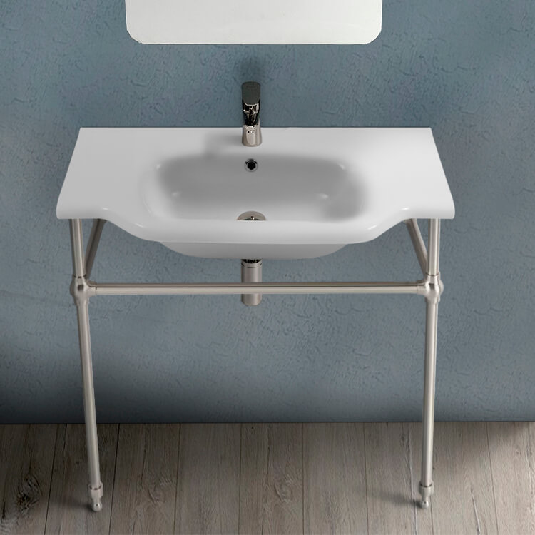 Console Bathroom Sink, CeraStyle 081200-CON-SN, Traditional Ceramic Console Sink With Satin Nickel Stand