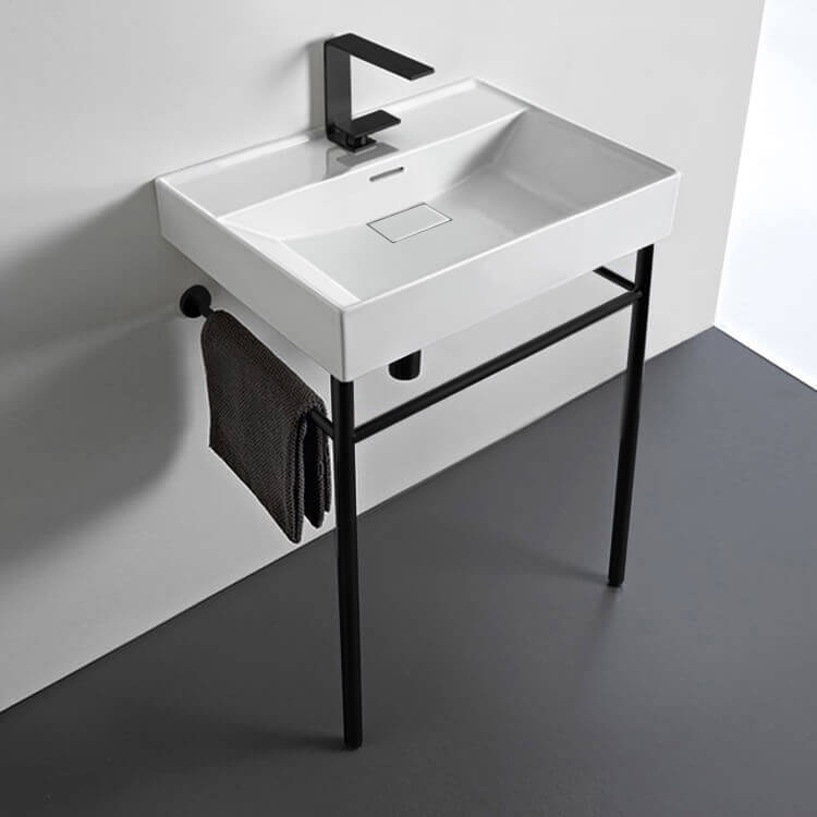 Console Bathroom Sink, CeraStyle 037100-U-CON-BLK, Rectangular White Ceramic Console Sink and Matte Black Stand