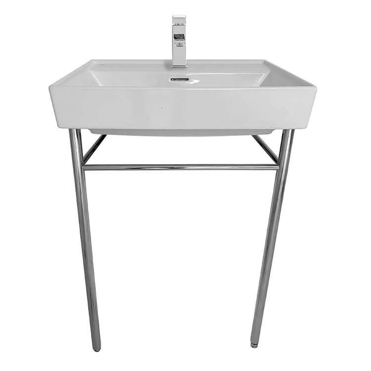 Ceramic Bathroom Console Sink with Metal Leg Support - Glossy White  Porcelain Basin - Commercial Sink for Backyard/ Garage - Complete Utility  Sink Kit