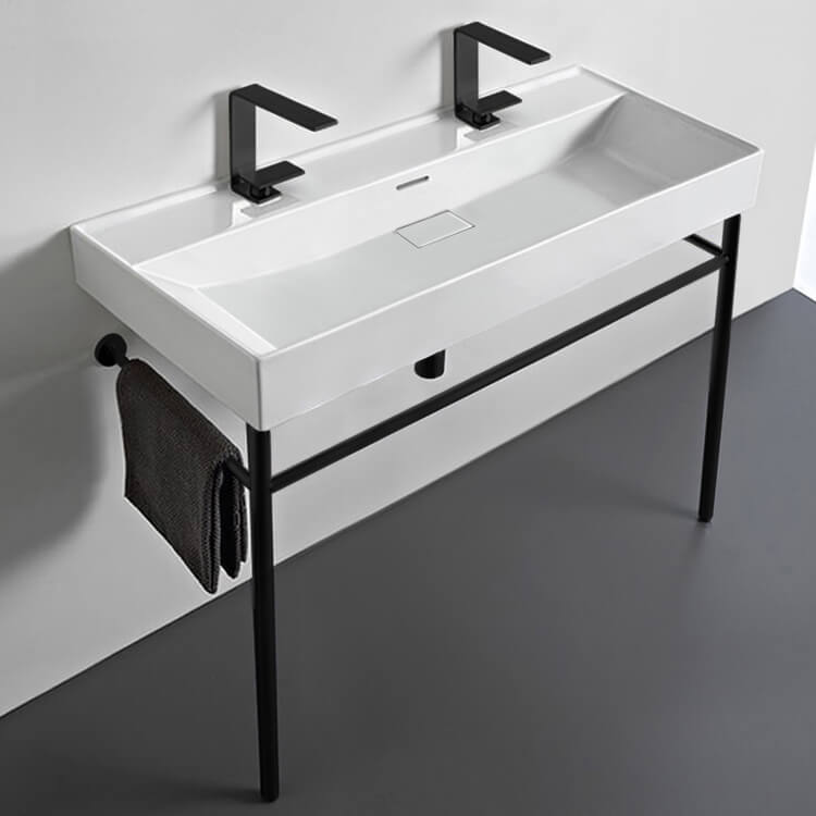 Bathroom Sink, CeraStyle 037600-U-CON-BLK, Trough White Ceramic Console Sink and Matte Black Stand