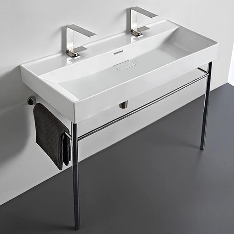 Bathroom Sink, CeraStyle 037600-U-CON, Trough White Ceramic Console Sink and Polished Chrome Stand