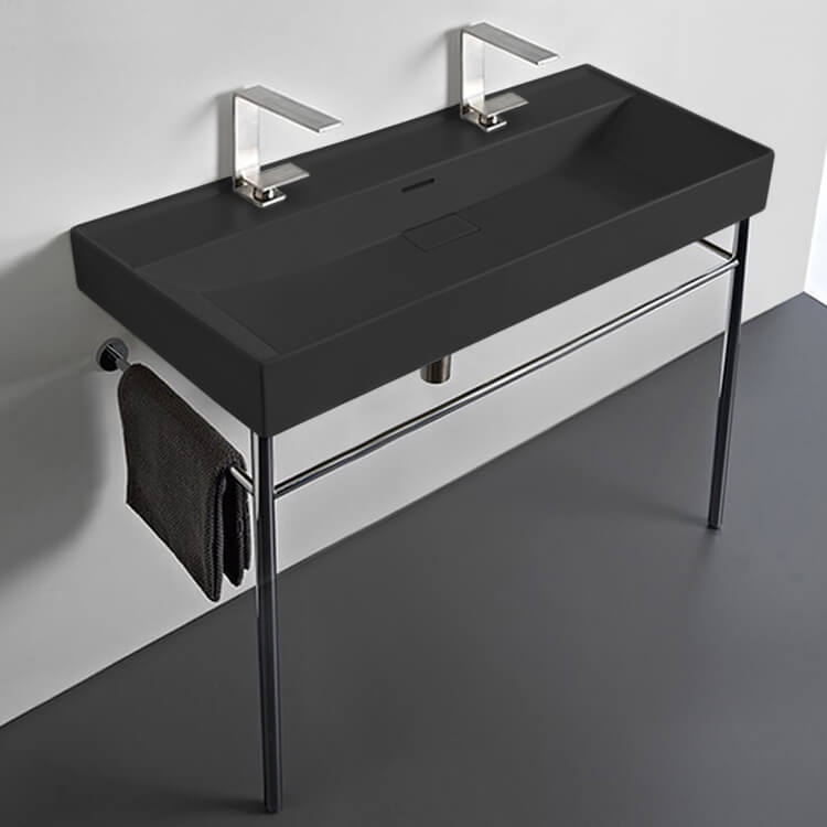 Bathroom Sink, CeraStyle 037607-U-97-CON, Trough Matte Black Ceramic Console Sink and Polished Chrome Stand