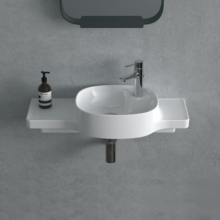 Bathroom Sink, CeraStyle 043800-U, Narrow Ceramic Wall Mounted Sink With Counter Space