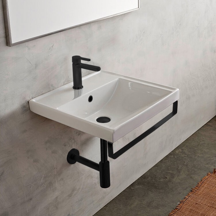 Bathroom Sink, Scarabeo 3001-TB-BLK, Square Wall Mounted Ceramic Sink With Matte Black Towel Bar