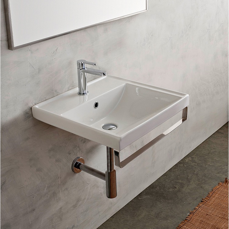 Bathroom Sink, Scarabeo 3004-TB, Rectangular Wall Mounted Ceramic Sink With Polished Chrome Towel Bar