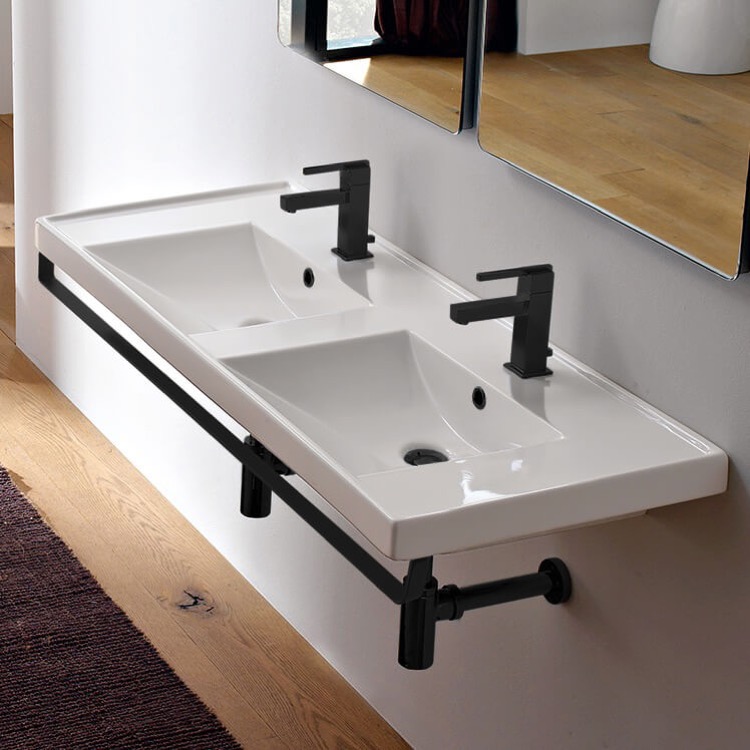 Bathroom Sink, Scarabeo 3006-TB-BLK, Double Basin Wall Mounted Ceramic Sink With Matte Black Towel Bar