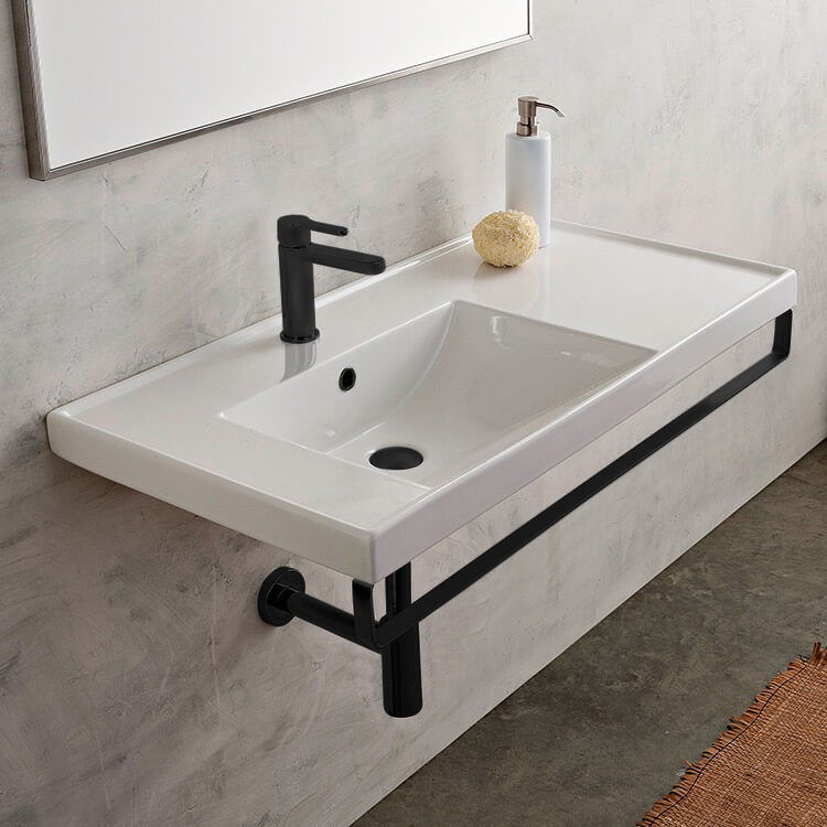 Bathroom Sink, Scarabeo 3008-TB-BLK, Rectangular Wall Mounted Ceramic Sink With Matte Black Towel Bar