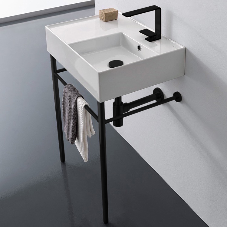 Console Bathroom Sink, Scarabeo 5117-CON-BLK, Ceramic Console Sink and Matte Black Stand