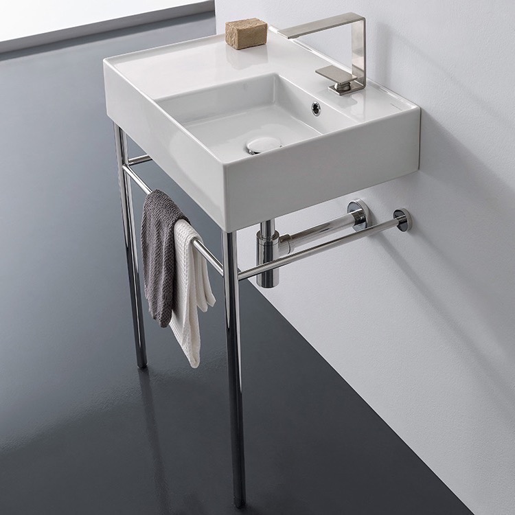 Bathroom Sink, Scarabeo 5117-CON, Rectangular Ceramic Console Sink and Polished Chrome Stand
