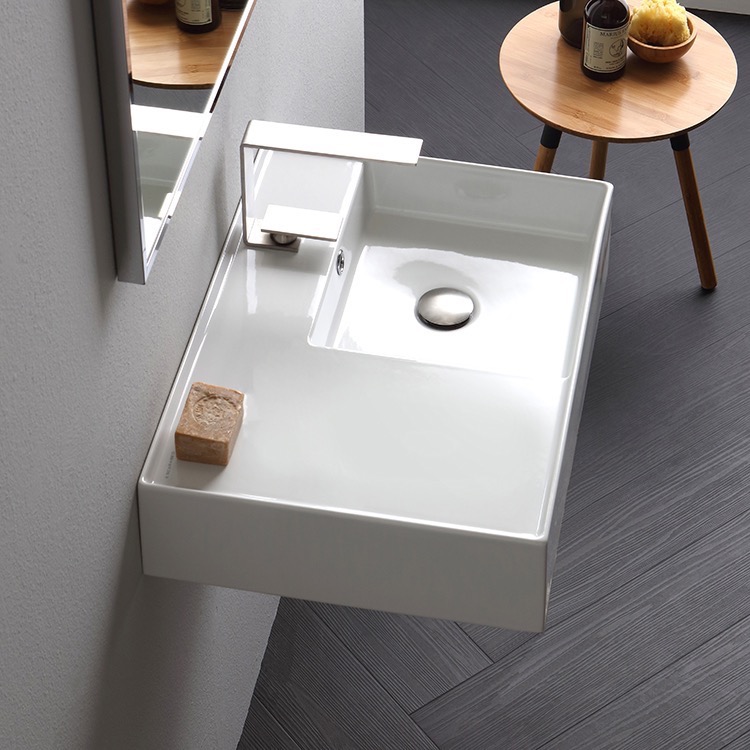 Wall Mounted Sink in Ceramic, Modern, Rectangular, 32, with Counter Space, Teorema 2 Scarabeo 5115 by Nameeks