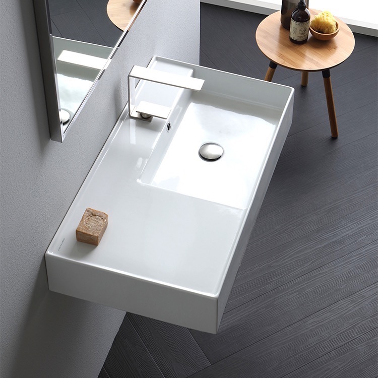 Bathroom Sink, Scarabeo 5118-One Hole, Rectangular Ceramic Wall Mounted or Vessel Sink With Counter Space