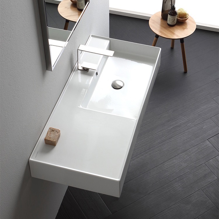 Bathroom Sink, Scarabeo 5120, Rectangular Ceramic Wall Mounted or Vessel Sink With Counter Space