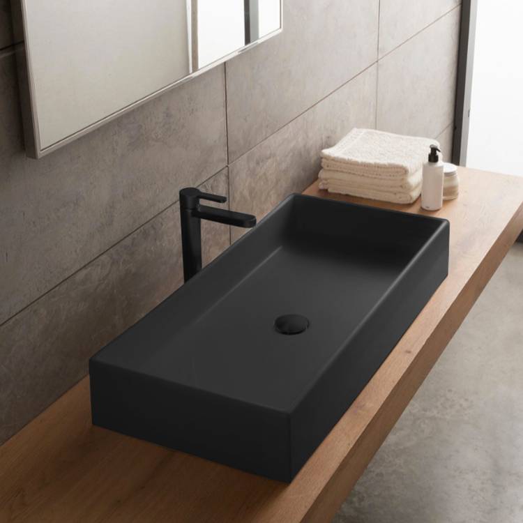 Narrow Depth Console Sink Bathoom Vanity for Powder Room, 24, Matte Black Metal Legs, Teorema Scarabeo 8031/R-60-CON-BLK by Nameeks