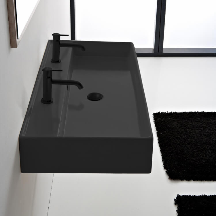 Bathroom Sink, Scarabeo 8031/R-120B-49, Matte Black Ceramic Trough Wall Mounted or Vessel Sink