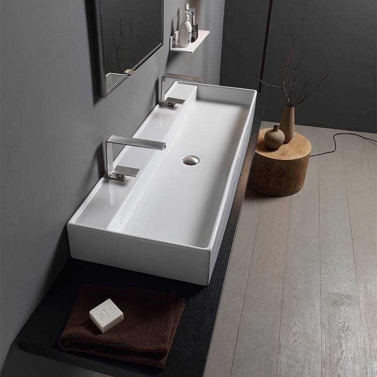 Nameeks Teorema Wall Mounted Vessel Bathroom Sink in White with 6 Faucet Holes Nameeks Teorema Wall Mounted Vessel Bathroom Sink in White with 6 Faucet Holes