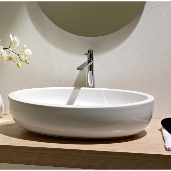 Bathroom Sink, Scarabeo 8111, Oval Shaped White Ceramic Vessel Bathroom Sink
