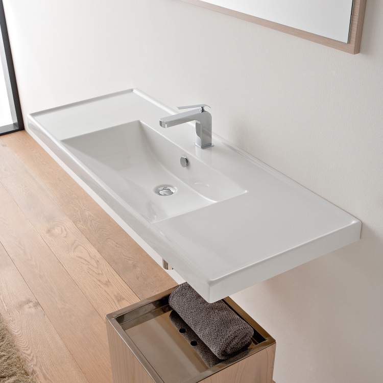 Bathroom Sink, Scarabeo 3007, Rectangular White Ceramic Drop In or Wall Mounted Bathroom Sink